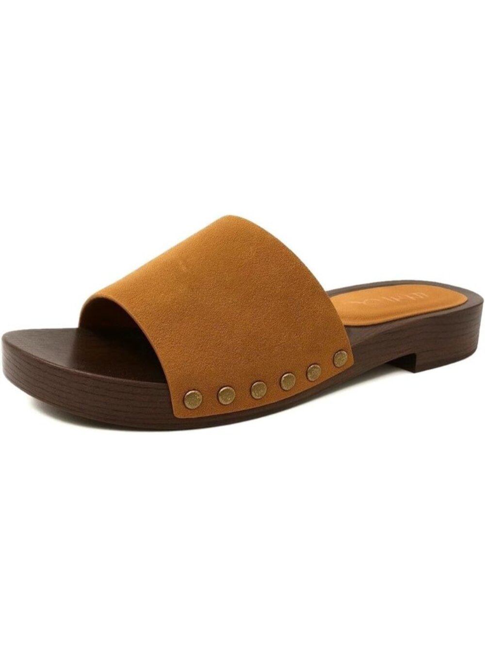 Women's Tan Clog Sandal Open Toe Slip On Slides Studded Low Heel with Studs